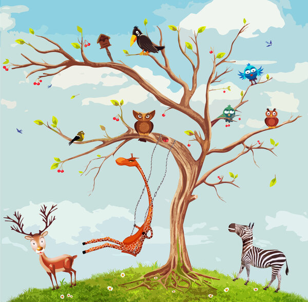 Vector illustration of animals on the tree