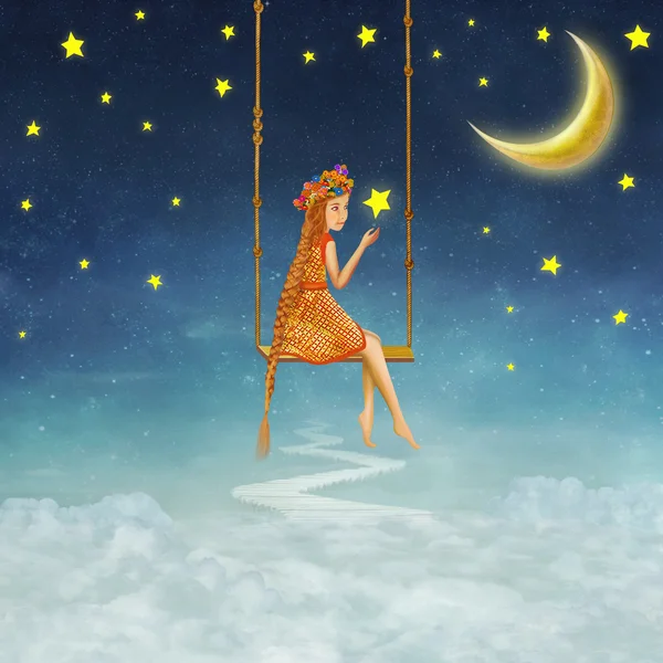 The lovely girl shakes on a swing , illustration art — Stock Photo, Image