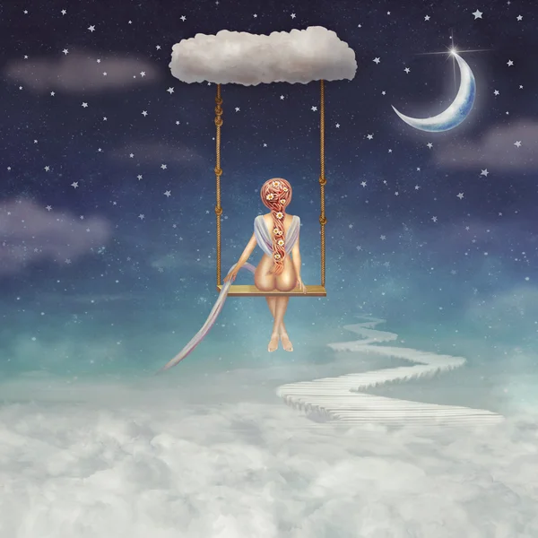 The lovely girl shakes on a swing , illustration art — Stock Photo, Image