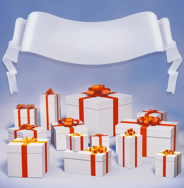 Many gift boxes over  background with red ribbon ,3d illustration