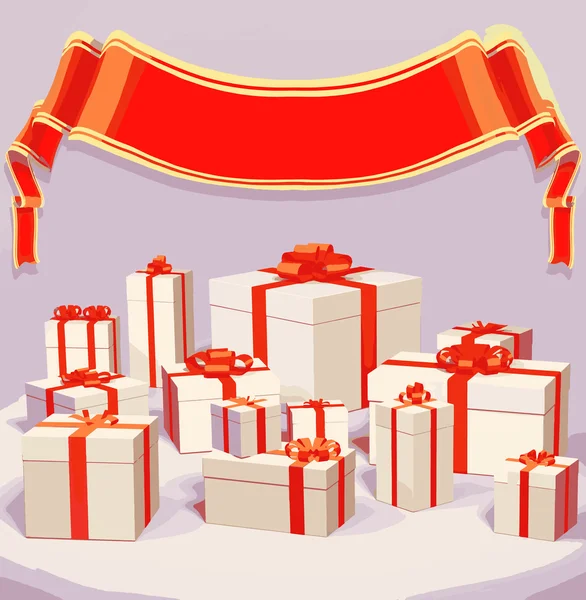 Ilustracja wektorowa wielu pudeł prezentowych na tle z czerwoną wstążką, ilustracja 3d — Wektor stockowy