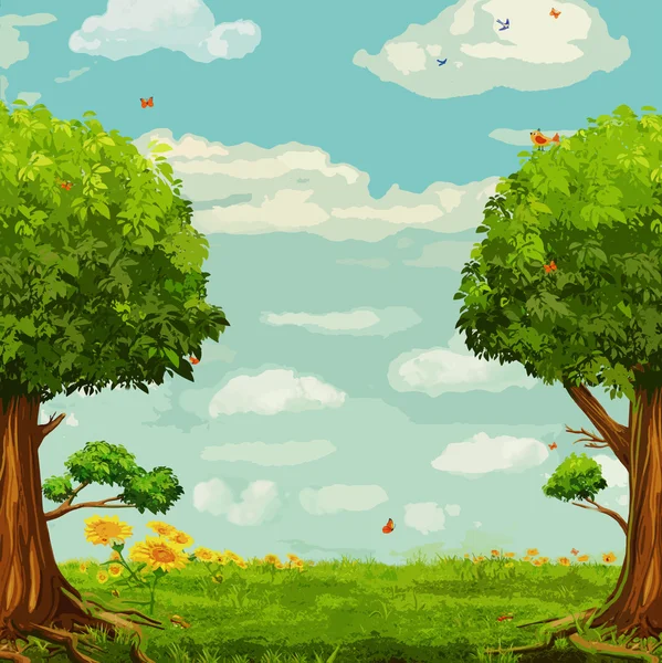 Illustrazione vettoriale di una bella scena boschiva con alberi e cielo — Vettoriale Stock