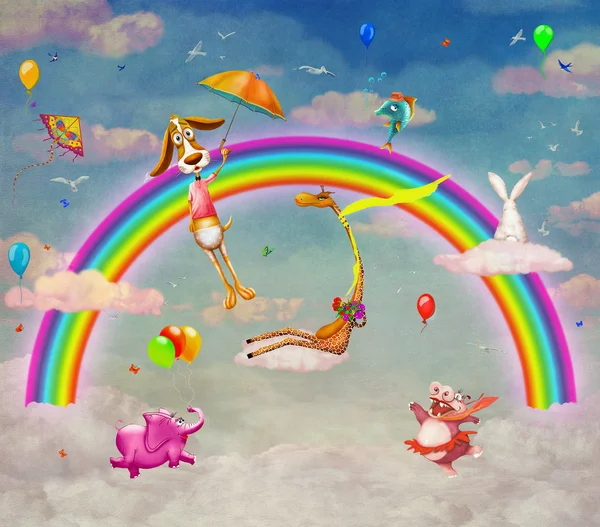 Illustration of animals on background of rainbow in sky — Stock Photo, Image