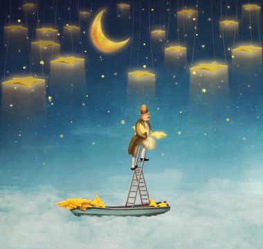 Man on a ladder reaching for  stars clipart