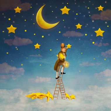 Man on a ladder reaching for  stars , illustration art  clipart