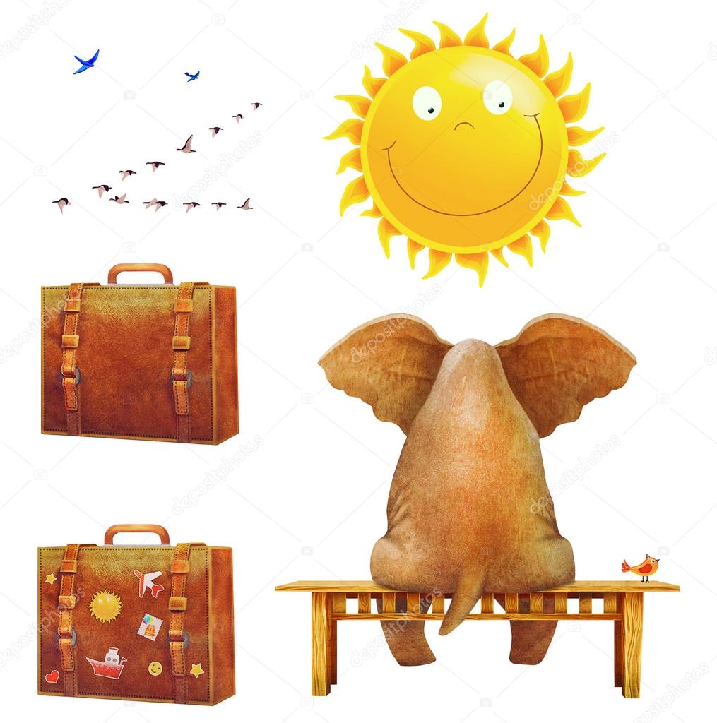Group of  elephant on a bench ,suitcases ,sun , birds of white background