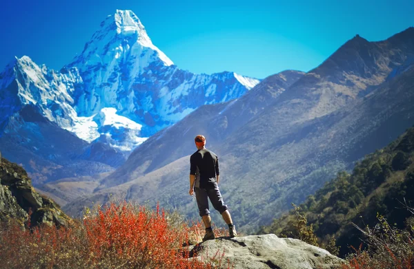 男子徒步在喜马拉雅山，Ama 这样，尼泊尔的山石景观 — 图库照片