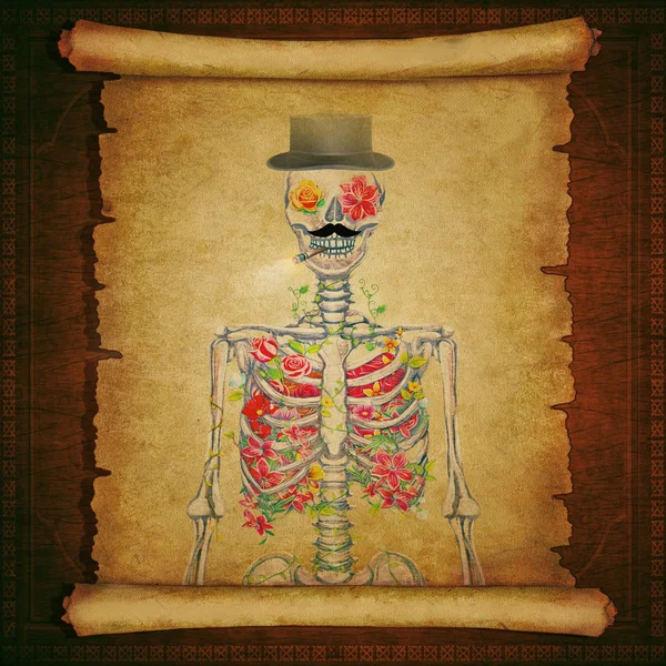 Gamla rulla papper med ett skelett på vintage trä bakgrund — Stockfoto