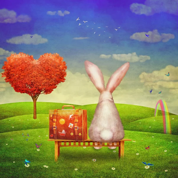 林間でベンチに座っているスーツケースと悲しいウサギ — ストック写真