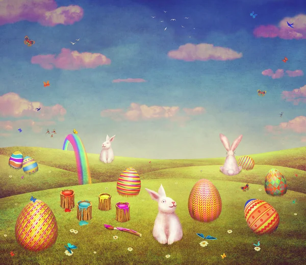 Carino coniglietti su una collina circondata da uova di Pasqua, illustrazione d'arte — Foto Stock