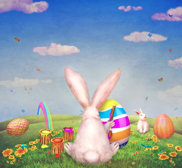 Un simpatico dipinto di coniglietto di uovo per Pasqua su una collina circondata da uova di Pasqua — Foto Stock