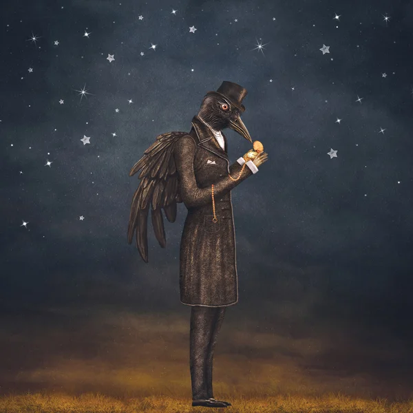 Raven at night looks at the watch , illustration art — Stock Photo, Image