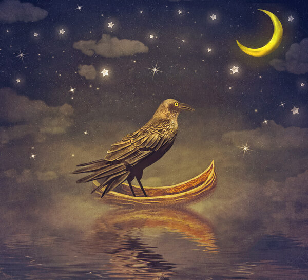 Чёрный ворон в лодке у реки волшебной ночью, иллюстрации
