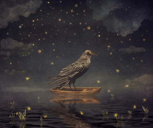 Fekete Holló egy csónakban a folyó varázslatos éjszaka, illusztráció művészet — Stock Fotó