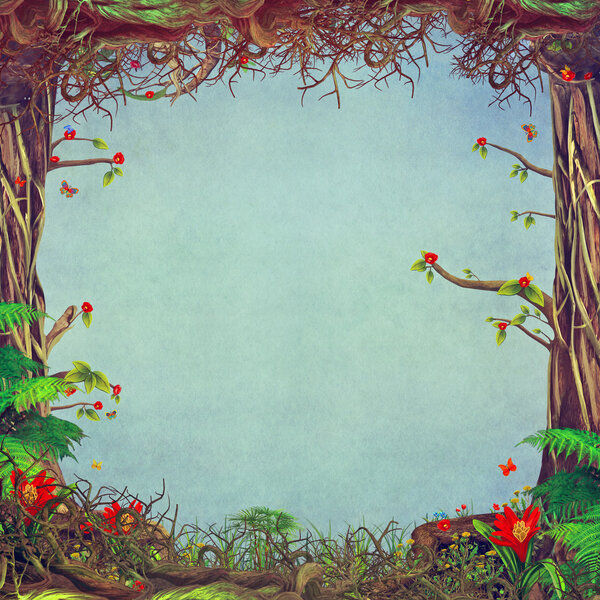 Beautiful woodland scene with trees , grass, butterflies , flowers and blue background in centre