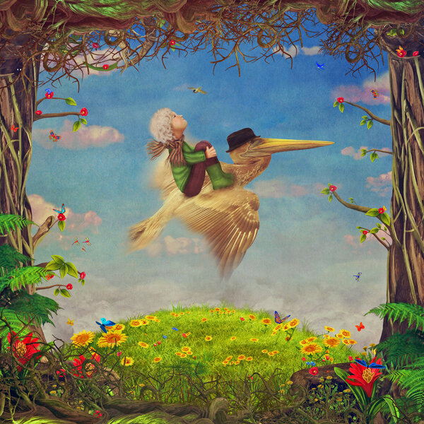 Beautiful woodland scene with little boy and brown pelican in sky , illustration art