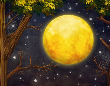 Ağaçlar ve dolunay ile gece gökyüzünün yıldızları çizimi 
