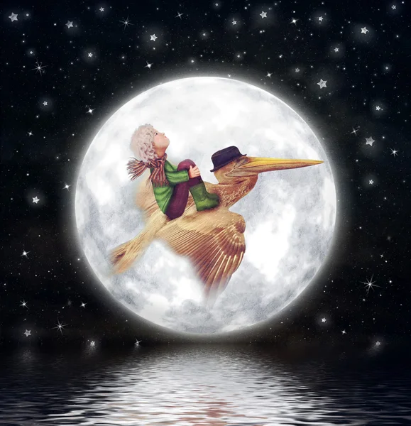 The little boy and brown pelican fly  against the full moon in night sky ,  illustration art — Stock Photo, Image