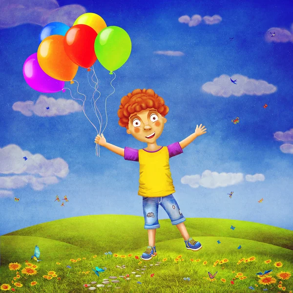 Illustration of a happy boy with balloons on glade — Stock Photo, Image