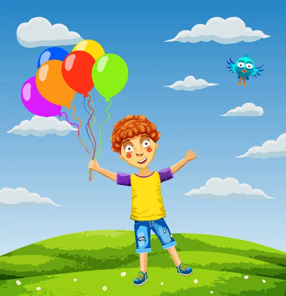 Illustration vectorielle d'un garçon heureux avec des ballons sur une prairie — Image vectorielle