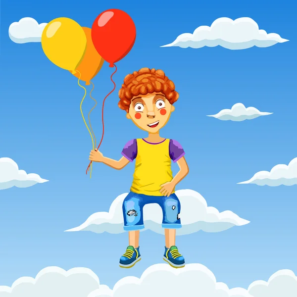 Ilustração vetorial de um menino feliz com balões no céu nublado — Vetor de Stock