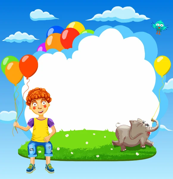 Ilustração vetorial de menino feliz em um prado com balões, elefante e bandeira no céu — Vetor de Stock