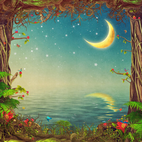 Beautiful woodland scene with trees ,sky and moon over the sea ,illustration art 