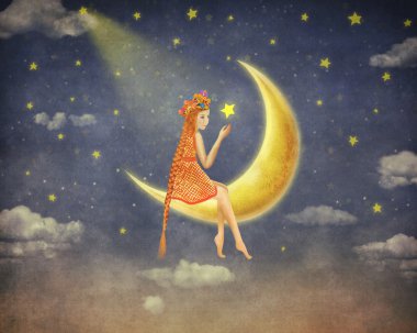 Gece gökyüzünde, illüstrasyon sanat ay üzerinde oturan bir sevimli kız resmi 