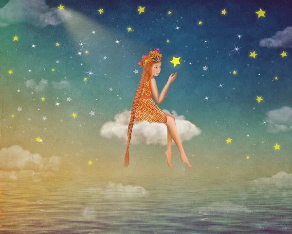 Illustration of a cute girl  sitting  on the moon  in night sky — Stock Photo, Image