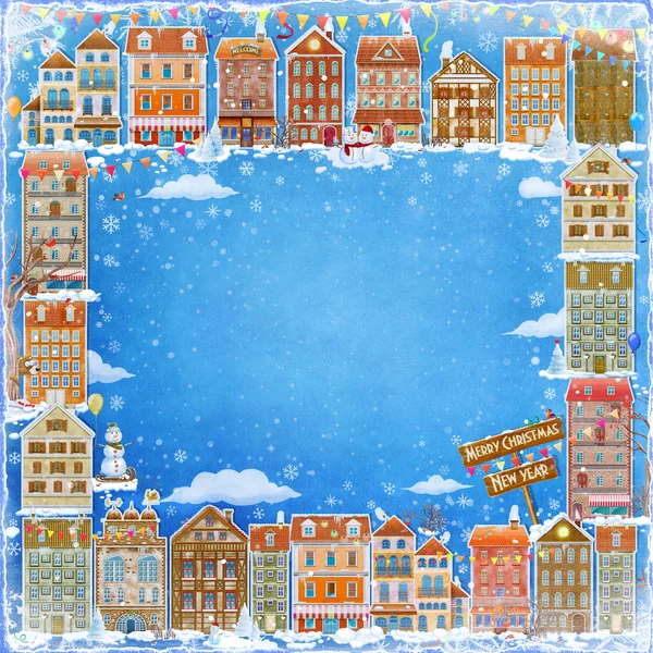 Cadre avec des maisons colorées. Carte de Noël et Nouvel An avec petite ville féerique — Photo