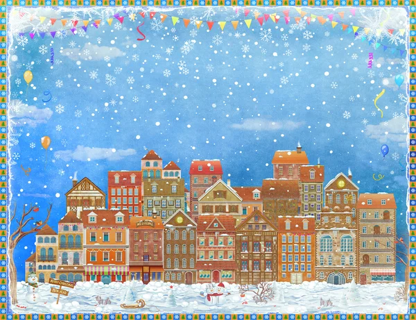 Joyeux Noël et Nouvel An carte de vacances avec ville de fées en hiver — Photo