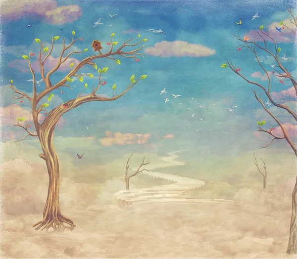 Ciel nature abstrait vintage avec pont, arbres et nuages fond, illustration art — Photo