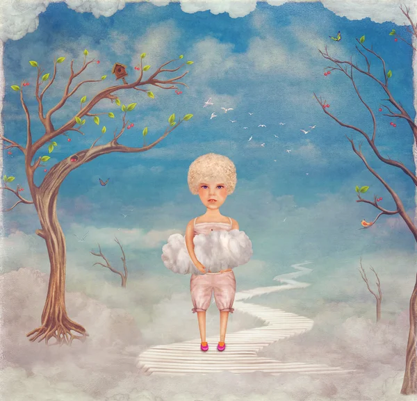 Ребенок держит в ладонях облако в небе, иллюстрации искусства — стоковое фото