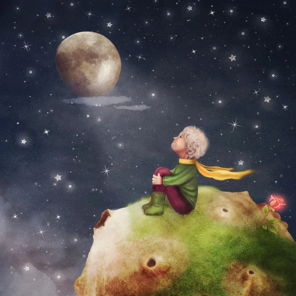 Маленький принц з трояндою на планеті в прекрасному нічному небі — стокове фото