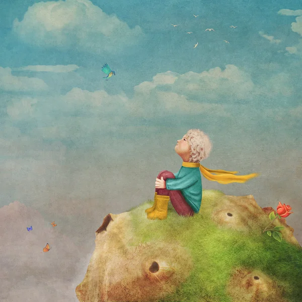 Le Petit Prince avec une rose sur une planète dans un ciel magnifique, illustration — Photo