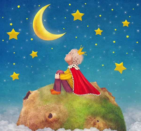 Le Petit Prince sur une planète dans un ciel nocturne magnifique — Photo