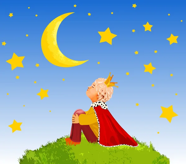 Le Petit Prince sur une planète dans un ciel nocturne magnifique, illustration art — Image vectorielle