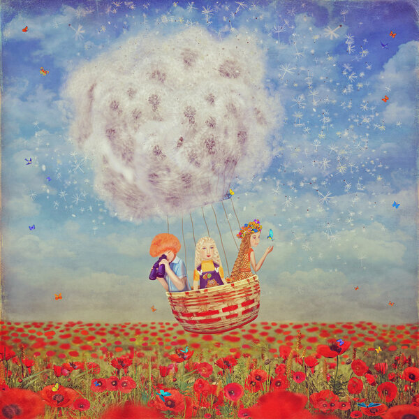 Children in a balloon  over the beautiful landscape with poppies  against the sky with clouds — Stock Photo, Image