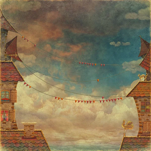 Fragment z města. Pohled na střechou z červených tašek a zamračená obloha na pozadí — Stock fotografie