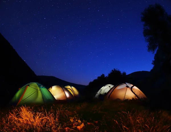 Les tentes brillent la nuit dans la forêt — Photo