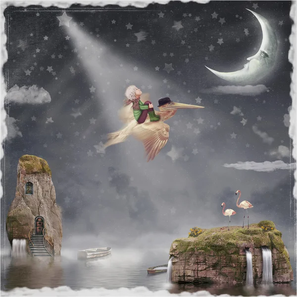 Child and pelican flying in the night sky — Stock Photo, Image