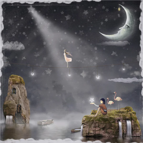 The girl walking on a rope in the night sky — Stock Photo, Image