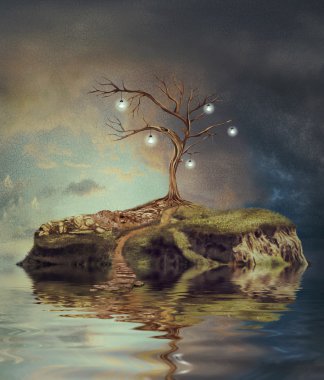 Ampulleri t küçük göl kenarında bir adada ağacıyla