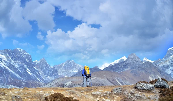 Menina caminhadas em uma vista de pedra nos himalaias, Nepal — Fotografia de Stock