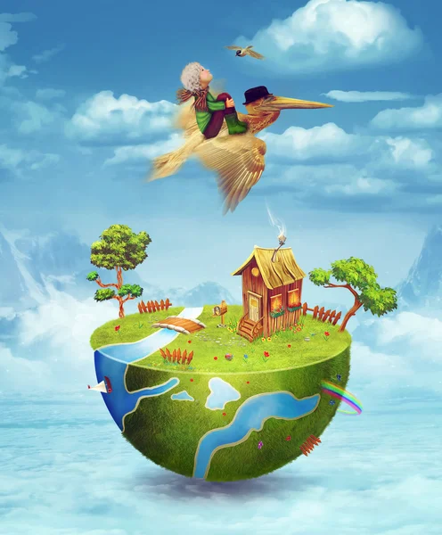 Small house,river  and trees on half of the globe with boy in sk — Stock Photo, Image