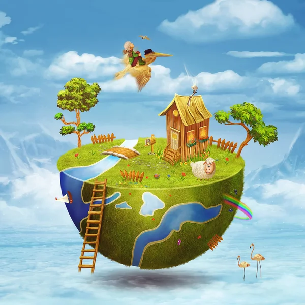 Small planet on half of the globe with boy in sky — Stock Photo, Image