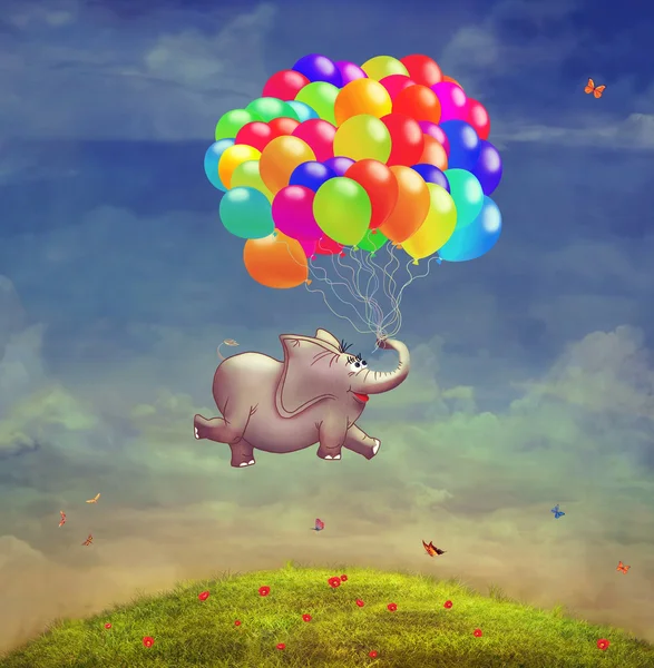 Söt illustration av en flygande elefant med ballonger i himlen — Stockfoto