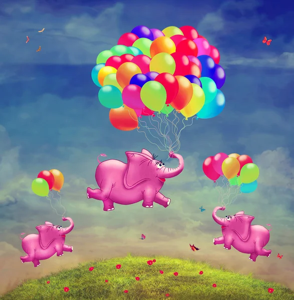 Niedliche Illustration fliegender Elefanten mit Luftballons am Himmel — Stockfoto