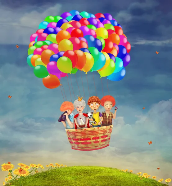 Kinder im Luftballon am Himmel — Stockfoto