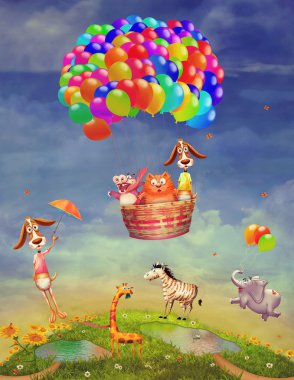 Hayvanlar bir alan ve bir balon gökyüzünde